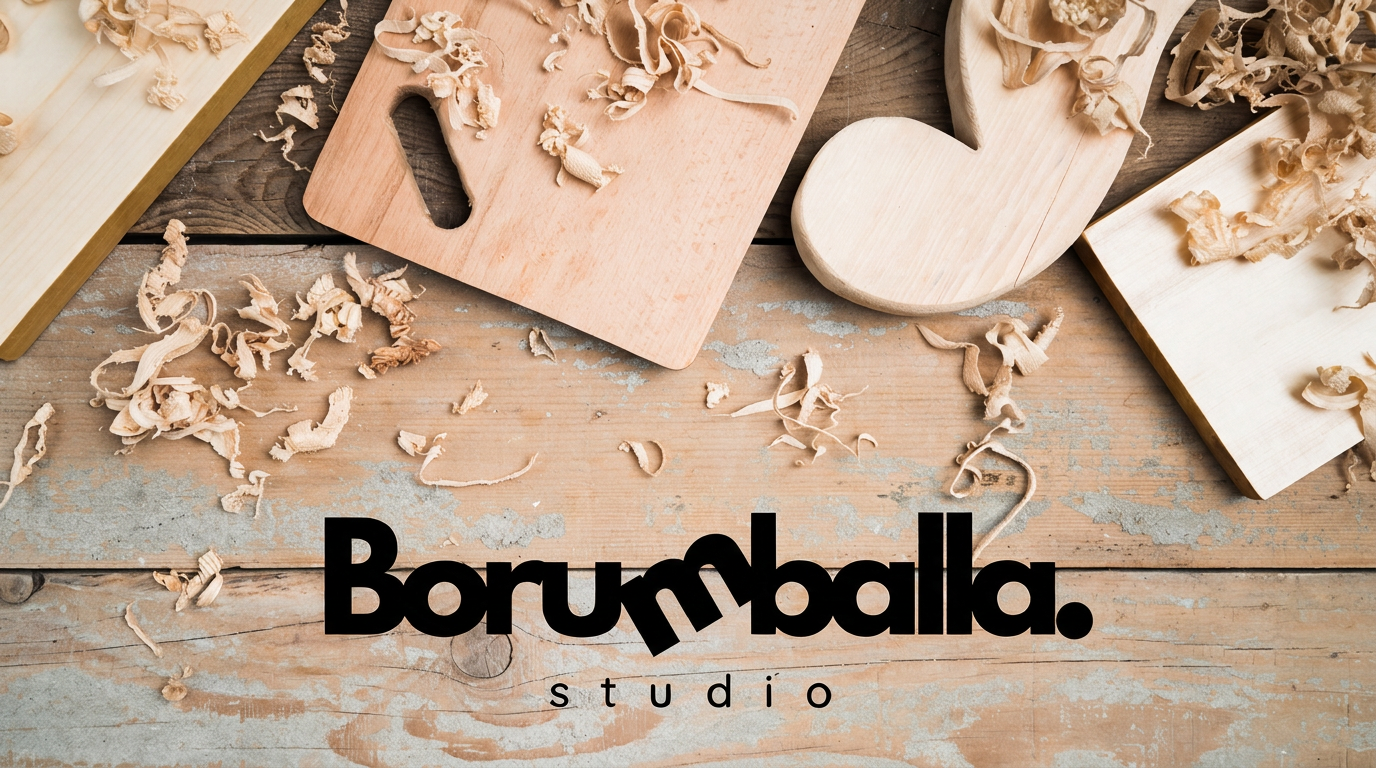 Piezas de madera y borumballas en el taller de Borumballa Studio
